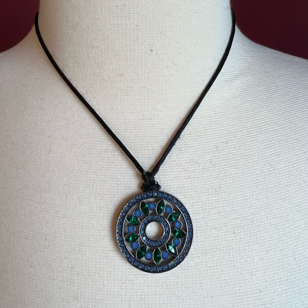 Blue and green stone necklace with black silky chain adjustable